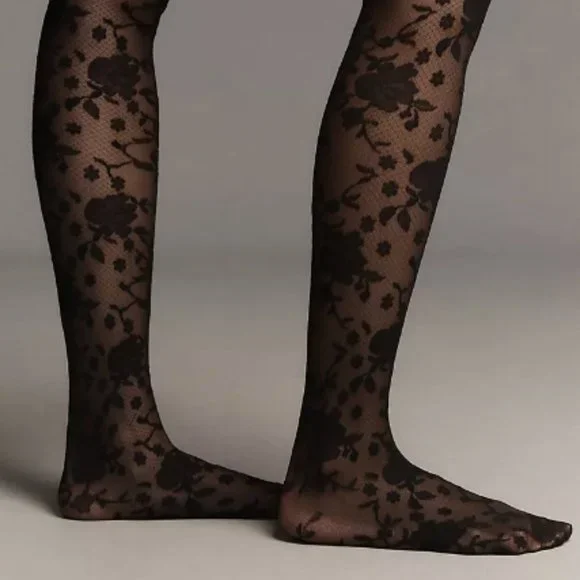 ANTHROPOLOGIE Tulle Rossette Lace Floral Tights Black S L XL Plus NEW - Picture 3 of 3